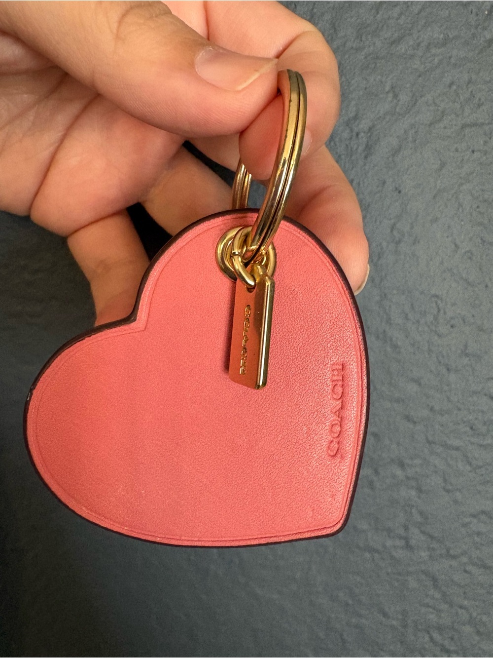 Coach Coral Pink Heart Leather Keychain with Gold Hardware
